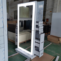 Postes de Coiffure Double Face en Acier Inoxydable avec Grand Rangement et Miroir Intégré pour Salons de Coiffure