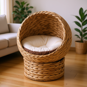 Lit surélevé pour chat en feuilles de bananier tressées naturelles, panier rond de 20 pouces pour animaux de compagnie avec coussin amovible, pour intérieur, toutes saisons - Product Image 2