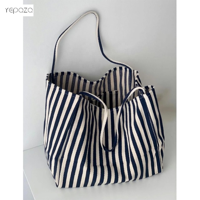 New Fashion Dark Blue Navy Color Stripes Oversized High-end Heavy Duty Canvas Beach Tote Bags for Girls with Pockets