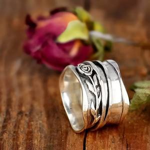 H266 Anello con fiore placcato in argento, stile rustico, regalo unisex, anelli alla moda - Product Image 2