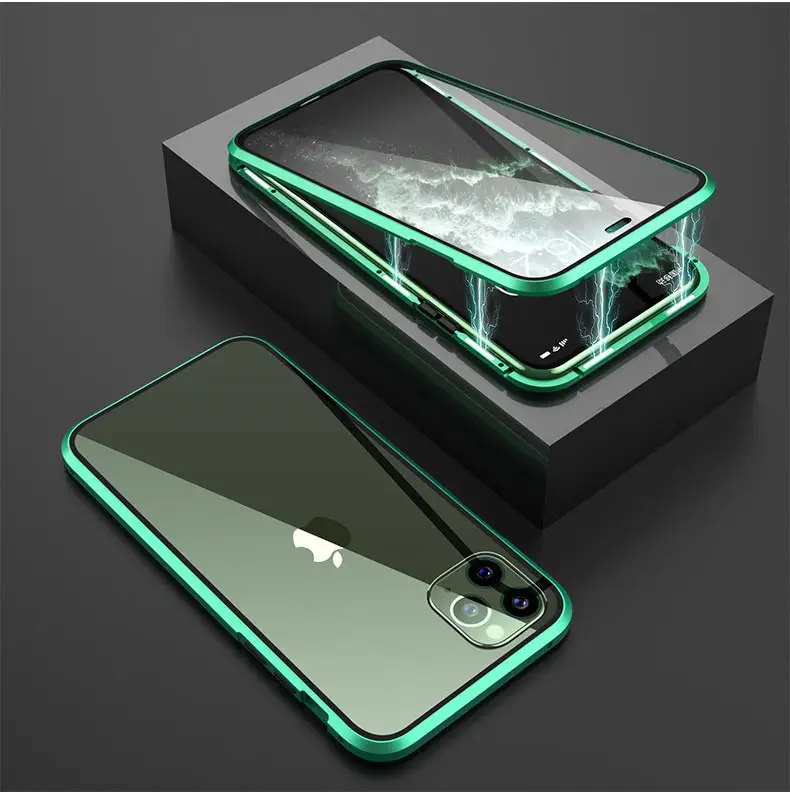 Flip glass cover for iphone 12 magnet case 360 Degree Full Cover Tempered Glass double metal bumper Clear Magnetic Phone Case