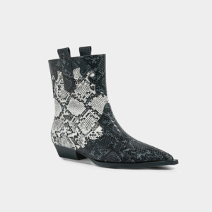 Giày bốt cao bồi nữ 2025 chất liệu bóng in hình da rắn màu trắng đen mũi nhọn cổ ngắn đế thấp chunky dẹt mềm mại kiểu Tây bán chạy - Product Image 3