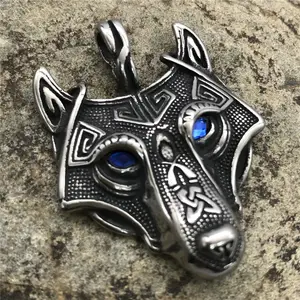 Nordic Vikings The Scandinavian Amulet Diamond Eyes Stainless Steel Casting Celtic Animal Wolf Head Pendant Necklace Jewelry