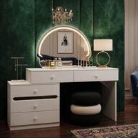 Coiffeuse moderne avec miroir sur pied en panneaux de bois blancs, éclairée, avec tiroirs et tabouret, ensemble de meubles durables pour chambre d'appartement