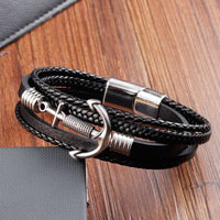 Bracelet unisexe vintage fait main en cuir véritable tressé multicouche avec fermoir magnétique en acier inoxydable et breloque ancre – Cadeau idéal
