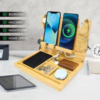 Home Bamboo Wood Standing Multifunction Desktop Organizer Cell Phone Charging Stand Shelf Foldable Box Bedside Table Storage