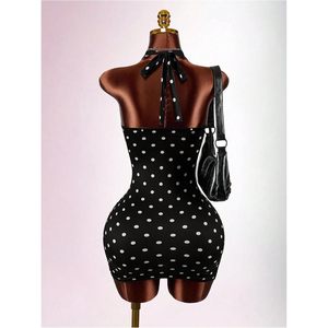 Vestido Mini Halter con Estampado de Puntos para Mujer, Vestido Ajustado sin Espalda con Cuello de Encaje y Lazos, para Fiesta o Club - Product Image 3