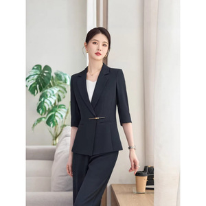 Women's Two Piece Suit Set Mid Sleeve Blazer Trousers Black Formal Anti Wrinkle Commute Spring Summer Autumn - Product Image 1