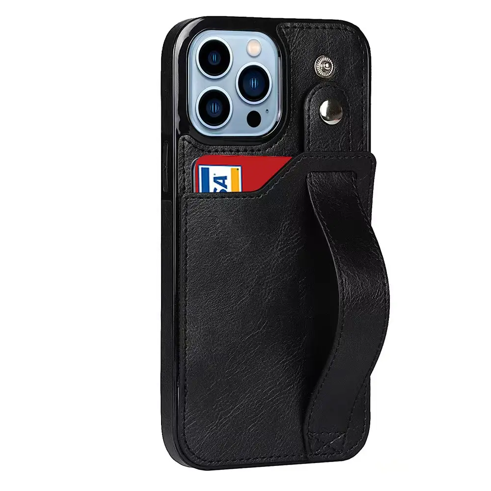 เคสหนัง PU สีดำป้องกันทุกสัดส่วน,เคสใส่การ์ดกระเป๋าสตางค์ดีไซน์ข้อมือพร้อมขาตั้งเคสโทรศัพท์สำหรับ Iphone 14 13 12