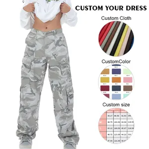 Custom OEM Manufacturer Vintage Pockets High Waist Streetwear Baggy Casual Ladies Parachute Camo Cargo Pant For Women Trousers