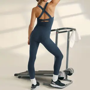 Custom Design Twist Back Dames Gym Fitness Onsie Playsuit Buik Controle Ademende Yoga Vrouwen Workout Jumpsuit
