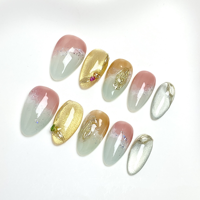 Faux ongles à presser effet œil de chat vert rose ombré avec accent floral doré, forme amande, décor cristal, pour usage quotidien, kit de manucure