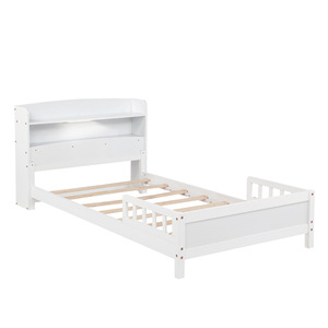 White Solid Wood Children's Bed With <b>Storage</b> Shelf And Guardrail For Bedroom <b>Kids</b> Furniture - Product Image 5
