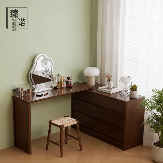Modern Small Extendable Corner Storage 6-Drawer Solid Wood Dressing Table Integrated Makeup Vanity for Bedroom
