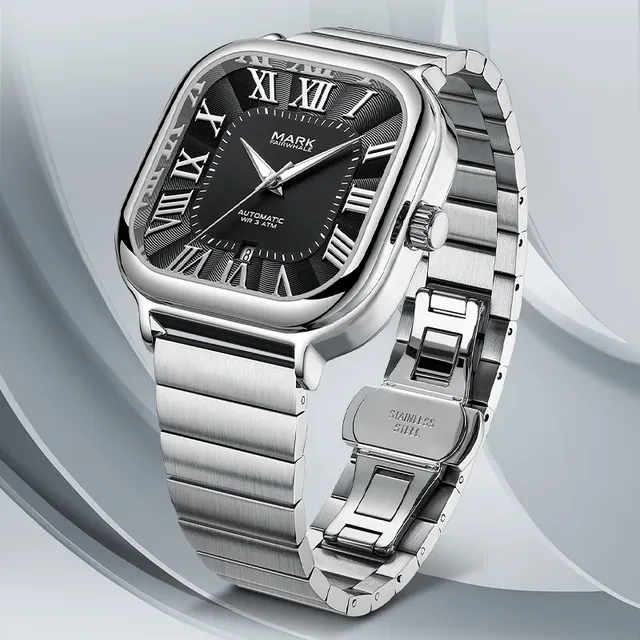 Mark Fairwhale Automatic Mechanical Watch for Men 42mm Metal Band Waterproof Luminous Skeleton Business Dress Wristwatch FW-6820