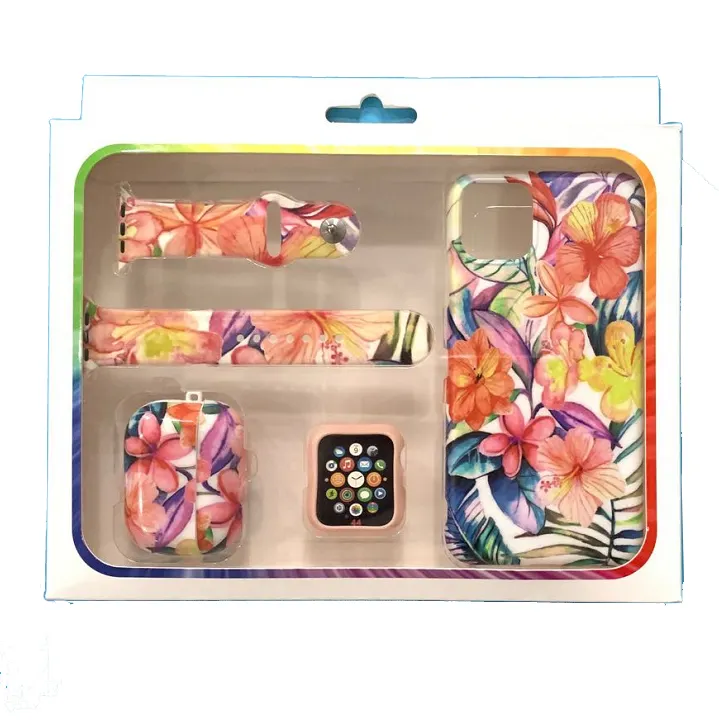 4 in 1 takım hediye kutusu ambalaj moda yumuşak tpu saat kayışı yüz + telefon kılıfı + kulaklık kutusu telefon kılıfı apple için i saat kayışı s