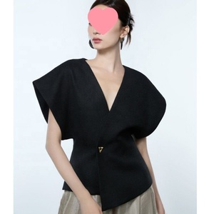 T-shirt femme <span class=keywords><strong>asymétrique</strong></span> à épaules tombantes, style français 2026, un bouton, taille cintrée, amincissant, <span class=keywords><strong>haut</strong></span> tendance - Product Image 5