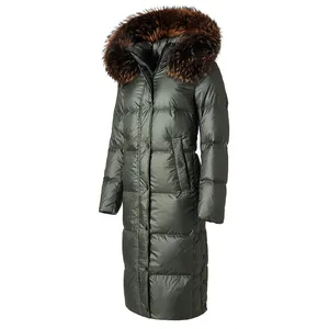 도매 후드 모피 호흡기 재킷 지퍼 블랙 여성 긴 코트 폴리 에스테르 다운 재킷 겨울
