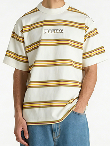 LTD-MT1057 90er Retro Varsity Preppy Style Individuell Bedruckte Bestickte Vintage-Streifen T-Shirts mit Stehkragen Unisex T-Shirts - Product Image 1