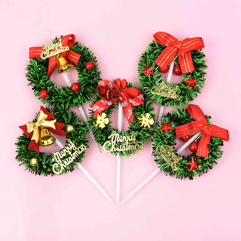 5 PCS Christmas Cake Topper Mini Wreath Xmas Tree Cupcake ToppersためBirthday Party Xmas Dessert Cake Decoration Supplies