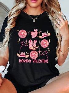 T-shirt girocollo stampata per San Valentino, vestibilità regolare da donna, top casual, 100% cotone, lavabile in lavatrice, per tutte le stagioni - Product Image 1