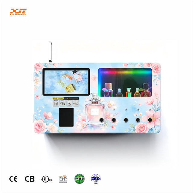 XY Latest Small Wall-mounted Perfume Vending Machine Comes with a 10.1-inch Touch Screen to Display Product Details.