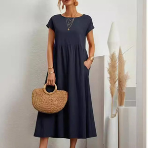 Abito Lungo Estivo in <span class=keywords><strong>Cotone</strong></span> <span class=keywords><strong>e</strong></span> <span class=keywords><strong>Lino</strong></span> per Donna, Vestito Casual con Tasche, Produzione OEM ODM - Product Image 2
