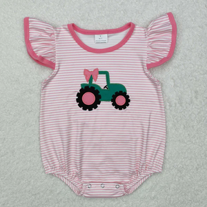 Nueva ropa de verano con tema de granja para niños, ropa de moda con rayas verdes para niños y trajes con mangas con volantes para niñas con diseño de tractor rosa - Product Image 3