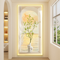 Grands tableaux muraux avec éclairage LED, peintures de paysages de plantes vertes, peinture en porcelaine de cristal pour la décoration du salon