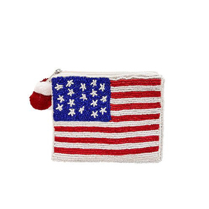 Porte-monnaie perlé drapeau américain avec broderie rouge, blanc et bleu, fermeture éclair, mini pochette à accessoires avec pompon décoratif - Product Image 2