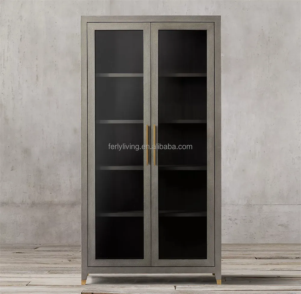 Ferly 2023 nueva llegada muebles de sala de estar manija de Metal de cuero Panel de vidrio aparador de 2 puertas con cajones