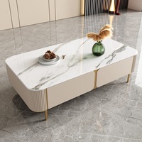 Table basse moderne en acier avec plateau en roche et double tiroir extensible, adaptée à diverses situations d'utilisation