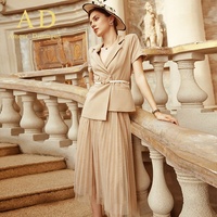 Ensemble tailleur jupe formel pour femme, fermeture à double boutonnage, polyester infroissable, jupe longue plissée évasée, élégant pour le bureau