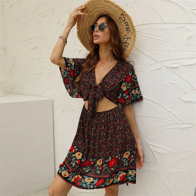 Vêtements ethniques à motif floral, tenue de plage ample, grande taille, style boho décontracté, sexy, vente en gros, été, 2020