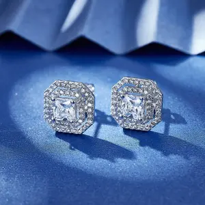 Geometric Retro Design Zirconia Stud Earrings Unique Brass Metro Square For Wedding Party Or Gift