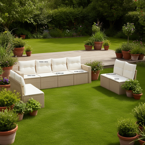 Ensemble de canapés de jardin beige, meubles en rotin d'extérieur avec coussins en mousse haute densité, design contemporain imperméable - Product Image 2