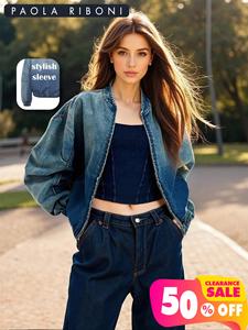 Women's <b>Denim</b> Bomber <b>Jacket</b> Loose Fit Stonewashed Cotton Casual Autumn Style with Zippers and Contrast Color Design - Product Image 2