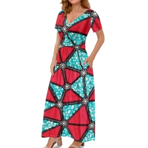 Vendita calda disegno geometrico su misura abiti <span class=keywords><strong>lunghi</strong></span> a <span class=keywords><strong>maniche</strong></span> <span class=keywords><strong>corte</strong></span> africano stampa cera abiti da donna per occasioni speciali - Product Image 2