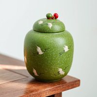 Boîte à thé en céramique verte avec motif grue blanche peinte à la main, petit pot de rangement hermétique avec couvercle perlé