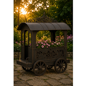 Chariot à fleurs décoratif en métal antique pour jardin, chariot à plantes vintage à roulettes, présentoir floral extérieur, décoration de patio - Product Image 6