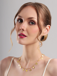 Shimmering <b>Disc</b> Fringe Necklace <b>Gold</b> Tone Multi Drop Chain Minimal Choker Style Elegant Lightweight Jewelry for Women - Product Image 5