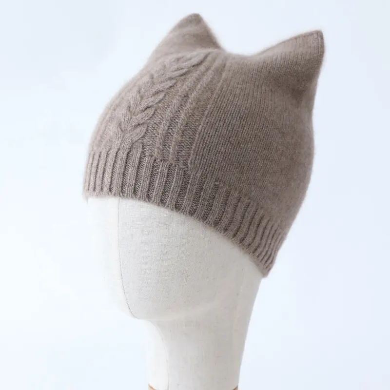 Custom Vrouwen Kabel Gebreide Muts Kat Hoofd Kasjmier Beanie