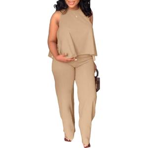 เสื้อคอเต่าแขนกุดสีพื้นพร้อมกางเกงขายาวเอวยางยืด ชุดลำลอง 2 ชิ้นสำหรับผู้หญิง แฟชั่น - Product Image 1