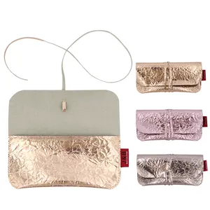 Promotional Designed Cheap Shiny Metallic Golden PU Flap Cover Pouch with Tie String Closure Personalized Logo Customizable