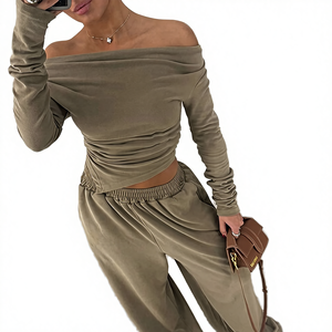 <b>off</b> <b>Shoulder</b> Solid Short Crop <b>Top</b> Pants Set Women Sexy <b>Long</b> <b>Sleeve</b> T-Shirt Trousers Two Piece Casual Autumn Breathable - Product Image 4