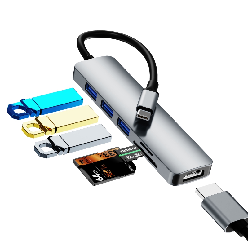 Алюминиевый USB-концентратор 6 в 1 для Macbook Pro, USB-концентратор Тип C 3,0, 4K, HDTV, SD, TF-карт, USB-концентратор