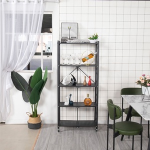 <span class=keywords><strong>Étagère</strong></span> de rangement pliable robuste avec <span class=keywords><strong>roulettes</strong></span> <span class=keywords><strong>Étagère</strong></span> de cuisine en métal noir pour salle de bain ou salon de garage - Product Image 1