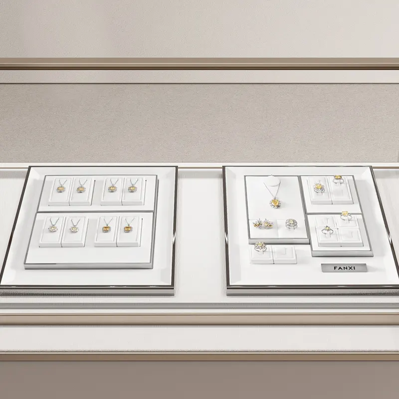 FANXI blanco PU cuero joyería muestra accesorios pendiente anillo collar joyería exhibición conjunto para joyería tienda al por menor