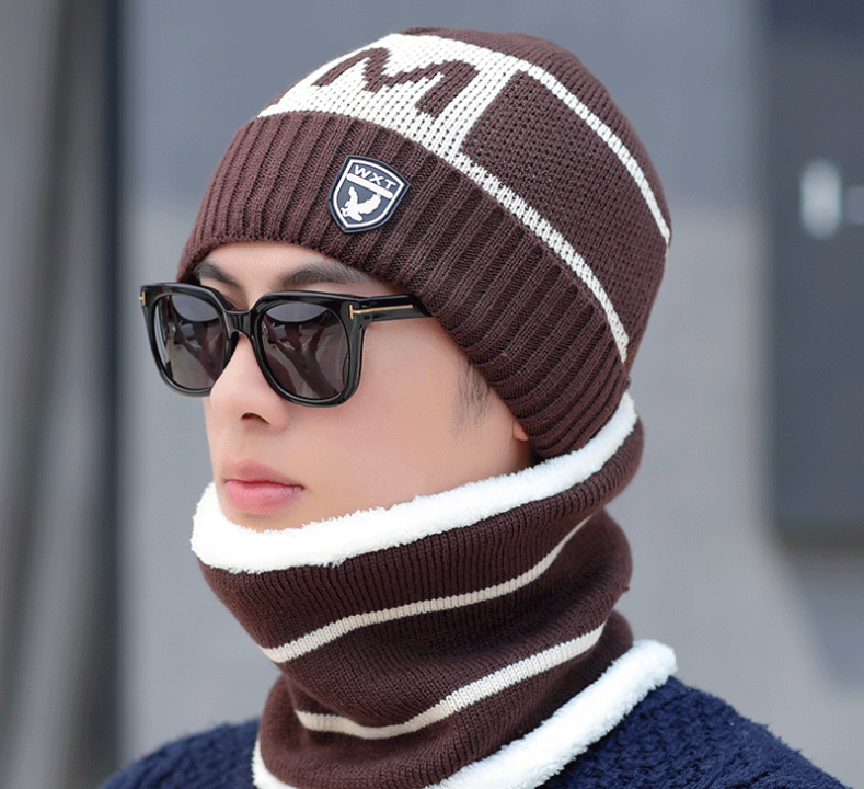 Оптовая продажа, Высококачественная зимняя мужская Корейская версия, осенне-зимняя плотная шерстяная вязаная шапка, шарф, воротник, набор