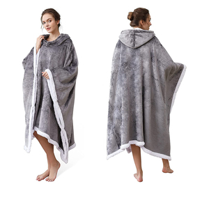 Fluffy Flannel Sherpa Fleece Winter Sweatshirt Wearable Hooded Cape Pullover Poncho <strong>Blanket</strong> With Sleeves - Product Image 2